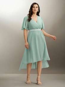 SHEIN Clasi Plus Size Elegant Women Chiffon Patchwork Lace Trim Waist Flattering Ruffle Sleeve Midi Dress - Green - View 4