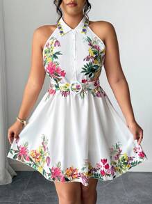Elenzga Vestido casual de verão para férias, mulheres plus size, estampa floral, sem mangas, gola halter, com fivela e cinto - Branco - Visão 6