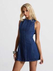 Jeanoix Women's Sexy Backless Mini Denim Dress, Fashion Casual - Blue - View 9
