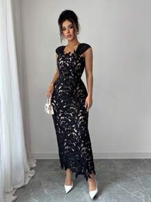 Selianne 高端黑色花卉刺绣镂空优雅正式长款晚礼服（花贴） - 黑色 - 查看 4