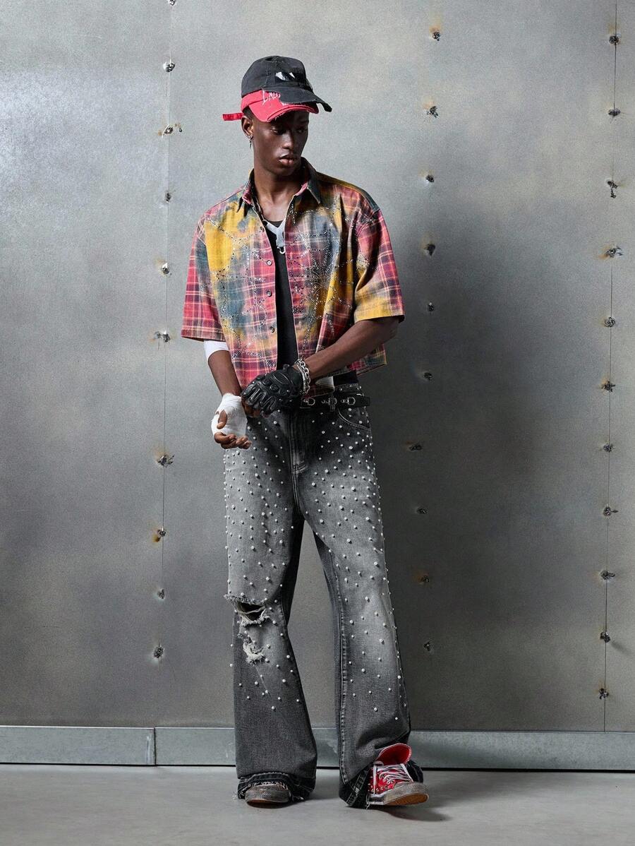 NEON BLANC Men's Street Style Loose Straight Leg Long Denim Jeans, Emo Style