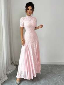 Islaluna فستان نسائي أنيق بدون أكمام ، قصير ، مطرز بالدانتيل ، قصة A كبيرة ، مع شبكة ، أكمام قصيرة ، طراز ربيعي وصيفي للنساء