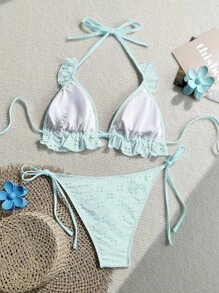 Swim Mod Women's Summer Beach Knit Jacquard Ruched Triangle Top With Side-Tie Bottoms Sweet 2Pcs Swimsuit Set