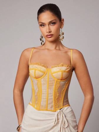 Silquee Corset pour femmes avec impression graphique rouge et dentelle