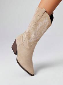 ROMWE Fairycore Damskie buty kowbojskie Retro V-Cut ze szpiczastym noskiem i grubym obcasem, haftowane, wsuwane, modne buty do połowy łydki do użytku na zewnątrz, jesień, Boże Narodzenie i Nowy Rok, święta, walentynki, wiosenne buty