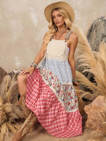 LanaWest Vestido midi con tirantes de espagueti ajustables y parches de encaje para mujer