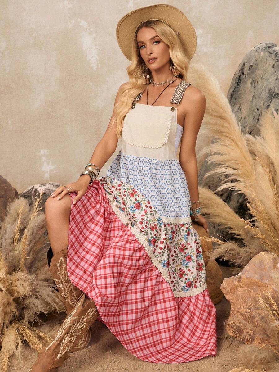 LanaWest Women's Lace Patchwork Adjustable Spaghetti Strap Patchwork Midi Dress - Multicolor - View 1