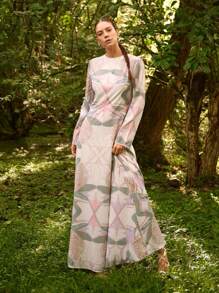 Sunsella Vestito lungo elegante da donna per estate, vacanza, in chiffon, a stampa, aderente, a maniche lunghe, a linea A, per occasioni speciali