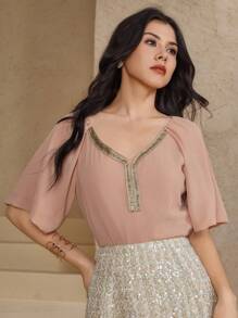 DAZY Women's Elegant Splicing Tape Decor Round Neck Blouse, Summer Carnival - Baby Pink - View 6