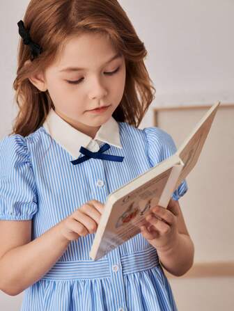 PrepCrw 少女学院风蝴蝶结装饰泡泡袖衬衫裙