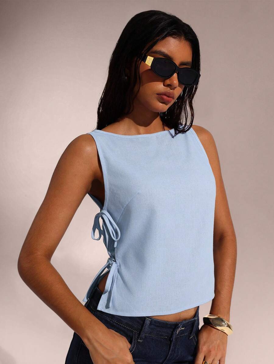 SHEIN Forever 21 女式无袖纯色圆领休闲系带侧衬衫，夏季 - 藍色 - 查看 1