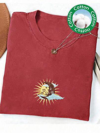 Sun And Moon Embroidered T-Shirt,Moon Bohemian Shirt,Oversized Vintage