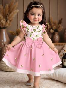 花卉、波西米亚风印花、可爱蝴蝶图案长袖女婴连衣裙，秋冬时尚，适合家庭聚会 - 彩色 - 查看 4