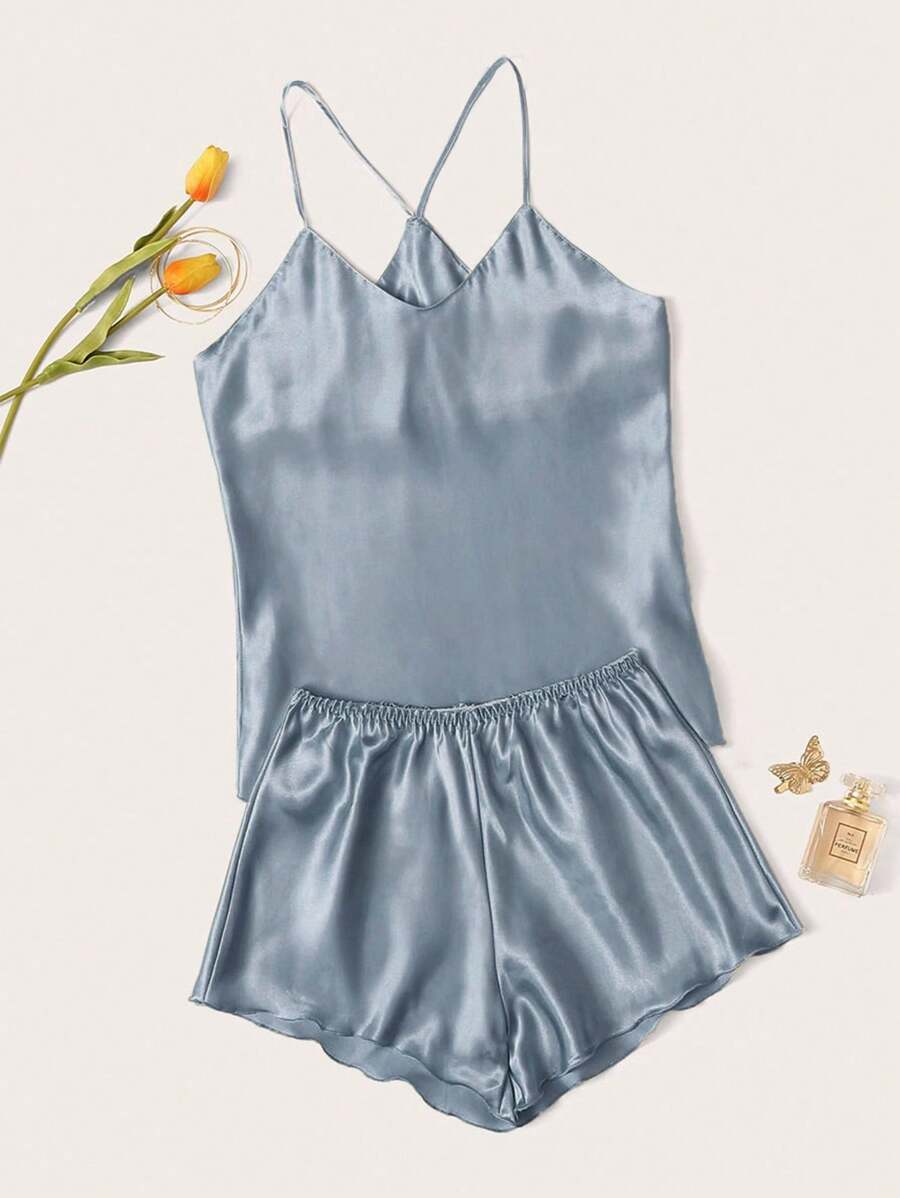 SilkySpell Satin Cami Top With Shorts PJ Set / Pajama Set - Dusty Blue - View 1