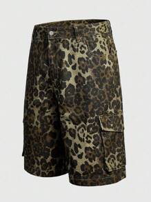ROMWE MEN Shorts vaqueros casuales holgados con bolsillo tipo cargo y estampado de leopardo para hombre