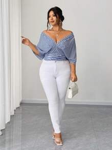 Elenzga 加大码蓝色条纹无袖衬衫裙，收腰设计，百搭优雅 - 藍色 - 查看 4