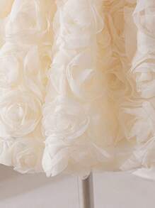 SHEIN Glamorique Kids Infant/Baby Girl Floral 3D Lace Tulle Satin Puff Sleeve Back Bow Pearls Decorated Party Dress, Wedding Flower Girl Gown For Birthday, Anniversary Baby Girl Dress Elegant Wedding Baby Bow Dress Baby Flower Girl Dress Toddler Flower Girl Dress Champagne Baby Dress Fall Winter - Champagne - View 5