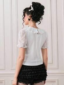 ROMWE Kawaii 女式可爱彼得潘领和荷叶边袖蝴蝶结装饰T恤，夏季 - 白色 - 查看 3