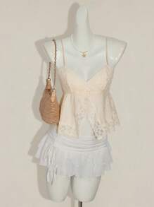 SHEIN ICON 女式花卉蕾丝开衩下摆吊带背心 - 卡其色 - 查看 5