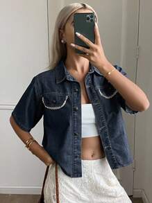Livesso Women's Summer Denim Jacket With Collar, Short Sleeve & Lace Ribbon Decoration - Blue - View 4