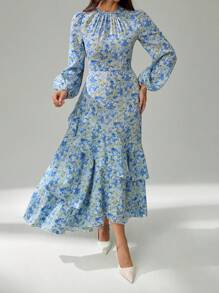 SHEIN Tall 女士印花荷叶边装饰长款飘逸大码半身裙长袖秋冬连衣裙浪漫度假优雅通勤 - 彩色 - 查看 6