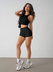 SHEIN PETITE 女士高腰纯色短裤，带口袋，休闲紧身裤 - 黑色 - 查看 4