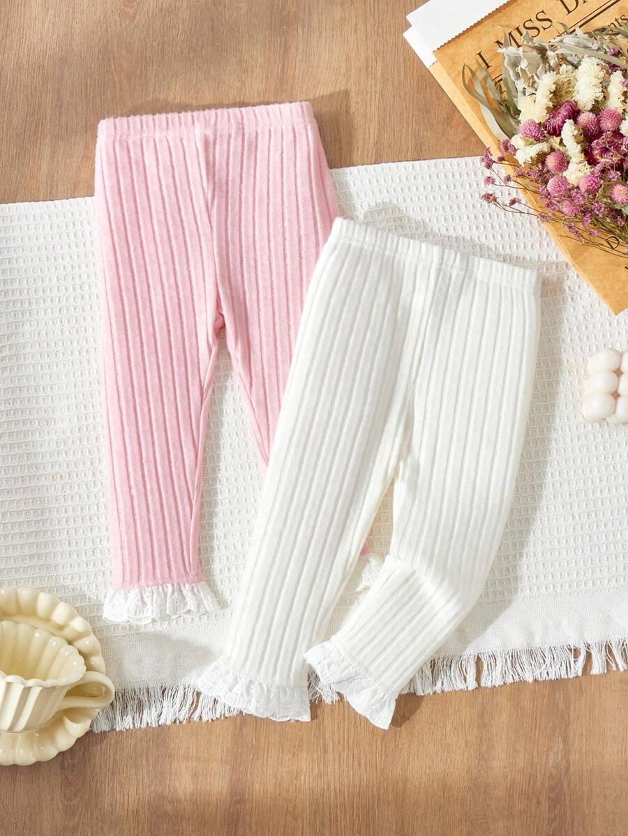 Blossori 2pcs Toddler Baby Girls' Elegant Lace Hem Pants Set,Cute Pink And White Striped Ribbed Polyester Long Pants,Summer Holiday Everyday Basics - Multicolor - View 1