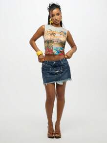 SUMWON WOMEN 夏季度假俱乐部背心复古度假海滩棕榈树印花网眼无袖修身短款背心度假装 - 彩色 - 查看 4