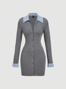 SHEIN MOD 灰色领子拼色优雅学院风连衣裙 - 灰色 - 查看 1