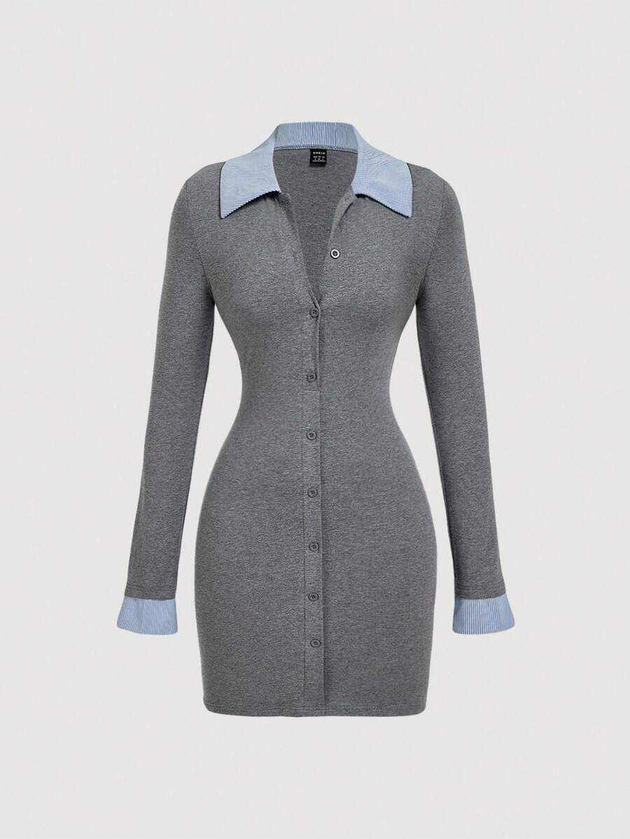 SHEIN MOD 灰色领子拼色优雅学院风连衣裙 - 灰色 - 查看 1