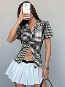 Sweetra 复古港风格子印花束腰百搭休闲 Polo 领短袖衬衫，女式，春夏 - 黑與白 - 查看 7