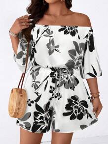 SHEIN Holidaya 大码女式休闲印花露肩连体裤