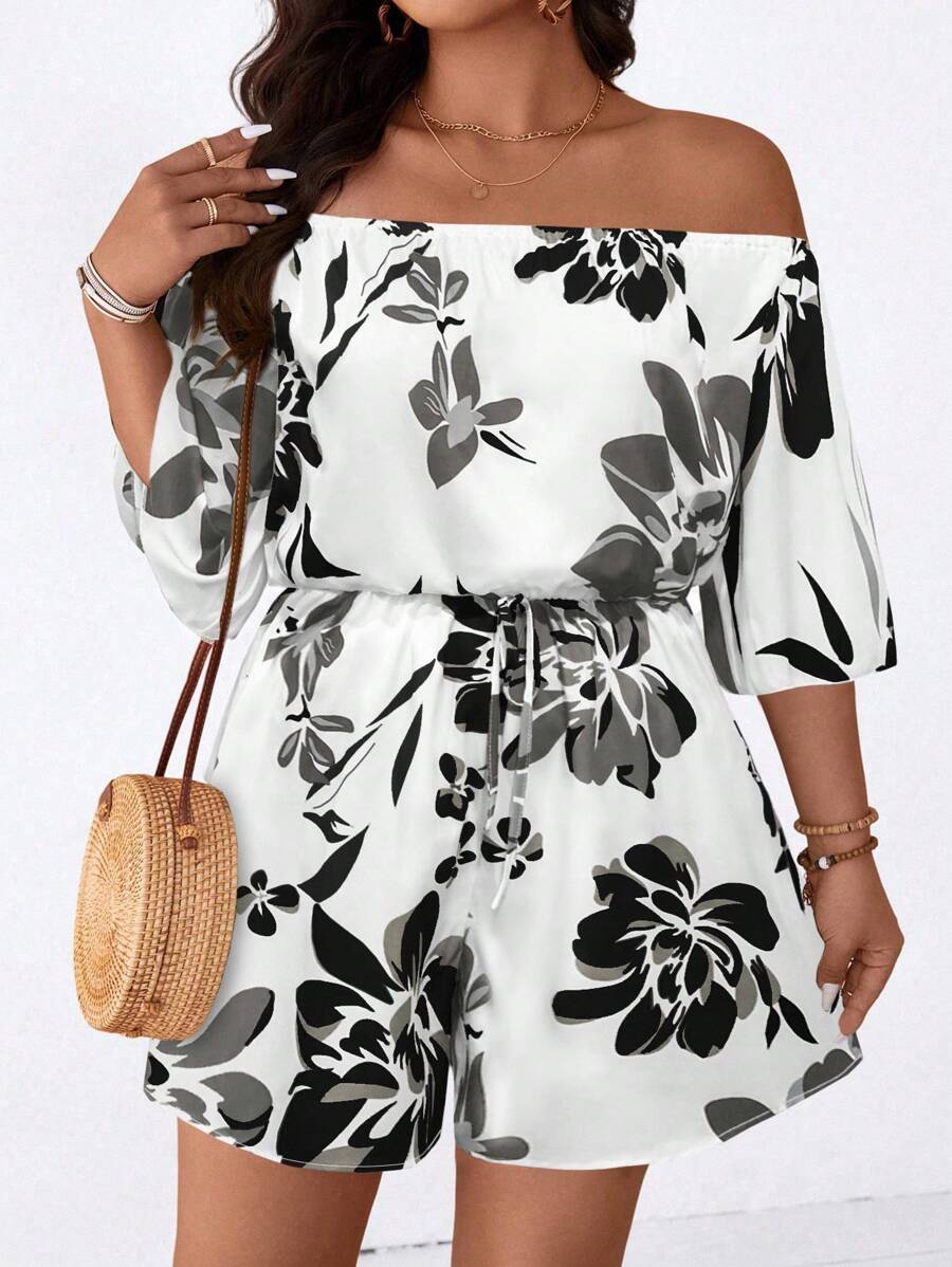 SHEIN Holidaya 大码女式休闲印花露肩连体裤