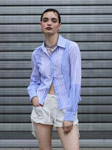 COUREZ Long Sleeve Fitted Cut And Sew Shirt /Summer For Women Summer Tops Y2K Streetwear Cute Summer Top Jersey Vintage Cotton - Blue - View 4