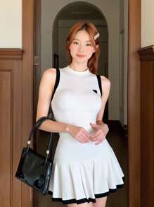 Modelyn 2pcs/Set Women Heart Embroidery Fitted Camisole And Pleated Mini Skirt Set