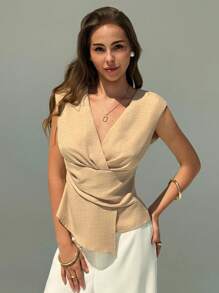 Aloruh New Minimalist Apricot V-Neck Sleeveless Gathered Waist Slim Fit Pullover Blouse, Versatile Commuter Style