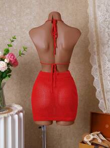 Bellisia Women's Casual Beach Vacation 3D Floral Crochet Coverup For Summer - Red - View 2