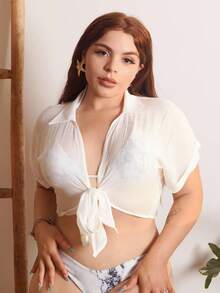 Lupita Cardoza 女性純色蝙蝠袖和服式罩衫,前方綁結細節 - 白色 - 查看 6
