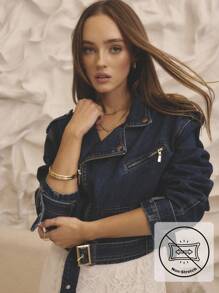 Aralina Winter / Summer Cropped Denim Biker Jacket With Gold Trim Details