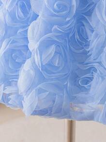 SHEIN Glamorique Kids 女婴粉色 3D 花卉连衣裙，薄纱，缎面面料，泡泡袖，大蝴蝶结装饰，珍珠点缀，适合婴儿婚礼、生日、表演 - 藍色 - 查看 7