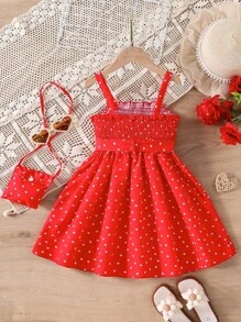 Girls Elegant Short/Sleeveless Dress With Heart Pattern, Including Small Crossbody Bag, Fashionable Design, Cool & Comfortable, High Quality