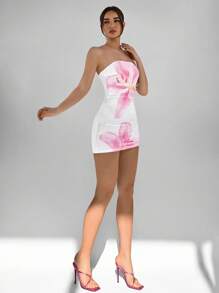 Aloruh Vestido informal y entallado sin tirantes con estampado de lirio de acuarela, apropiado para el verano, vacaciones, playa y festivales de música