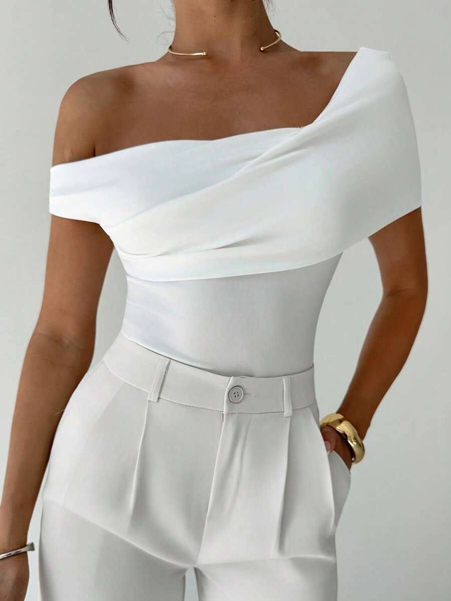 Firerie 女士优雅简约时尚性感别致日常通勤音乐节假日单肩不对称褶皱短款上衣，白色，春夏，露肩上衣