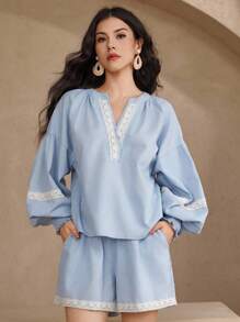 DAZY 2pcs/Set Women Embroidered V-Neck Lantern Sleeve Blouse And Elastic Waist Shorts Lounge Sets For Women - Blue - View 3