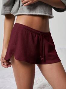 WESTFADE Cute Mid Rise Tie Front Textured Knit Lounge Shorts - Purple - View 9