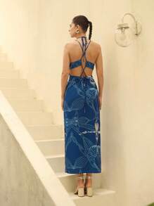 Sunsella Robe maxi ajustée avec lanières croisées imprimée, pour l'été, tenue sexy de femme pour vacances