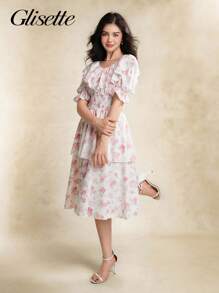 少女优雅花卉印花荷叶边下摆连衣裙，夏季 - 白色 - 查看 7