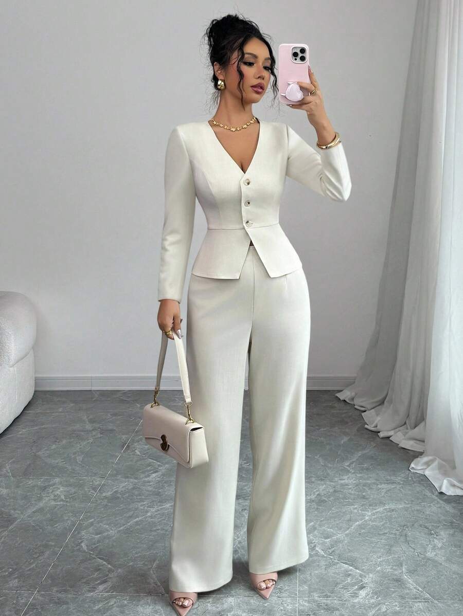 Elenzga Women's Elegant Long Sleeve Blazer And Pants Suit Set, Business/Commuter Style, Suitable For Summer, Independence Day, Graduation, Back To School Fall Cloth For Women