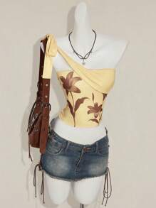 SHEIN ICON 女式波西米亚风性感图案黄色复古花卉印花挂脖无袖休闲衬衫