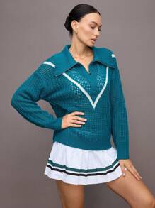 Activina Damski sportowy sweter z dzianiny z półzamkiem i wyciętym kołnierzem